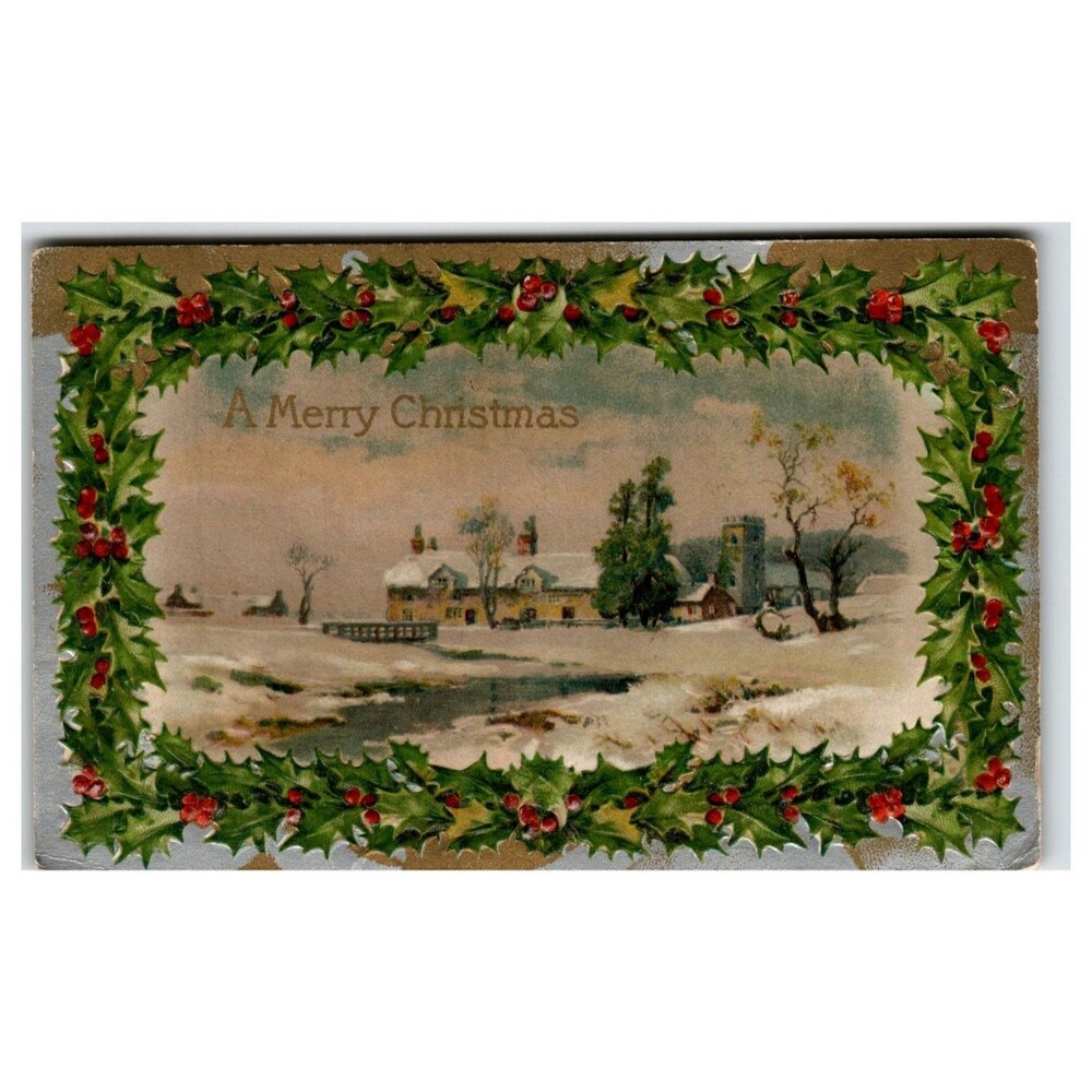 1909 Embossed Christmas Postcard Winter Village Scene Holly Wreath Germany